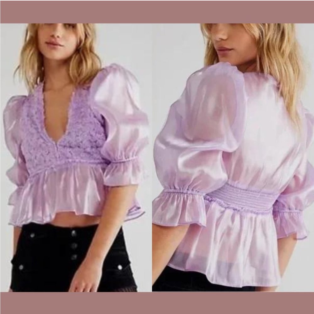 NEW Free People Faye Lavender Floral Top in‎ Dramatic Combo [ Small ] #6199